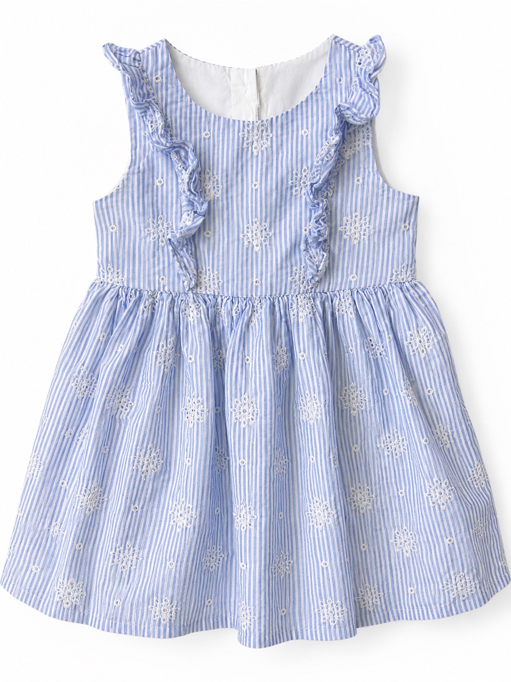 H&M Baby Girls Blue Stripe Eyelet Dress Size 12-18M Ruffle Sleeveless Cotton